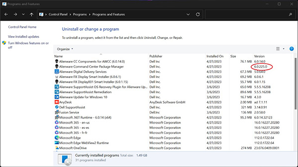 Uninstall or Change a Program Screenshot V6.x