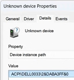 设备管理器可能会在具有 ACPIDELL00332&DABA3FF&0 设备实例路径的设备上显示黄色警告图标。