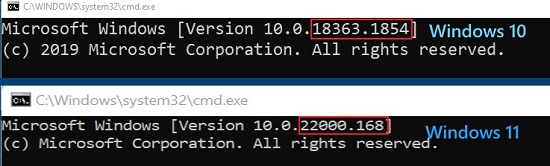 Versjonsidentifikator (ver) Topp Windows 10, nederste Windows 11