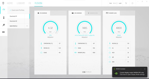 AWCC, Fusion sekmesinde GPU Genel Bakış ı göstermiyor