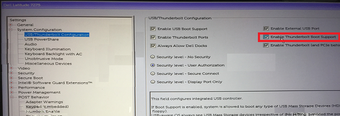 Em System Configuration, selecione USB/Thunderbolt Configuration e, em seguida, selecione Enable Thunderbolt Boot Support.
