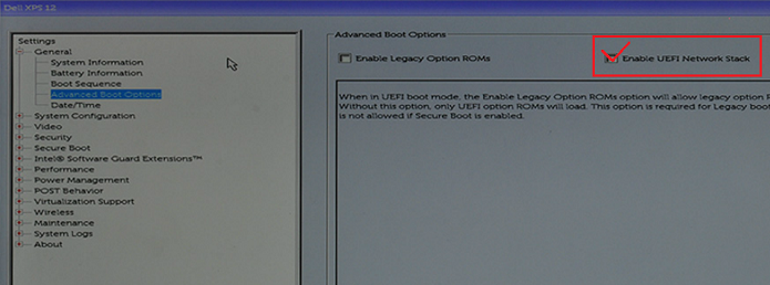 På fliken General väljer du Advanced Boot Configuration och markerar sedan Enable Legacy option ROM och Enable UEFI Network Stack om detta inte redan är markerat.