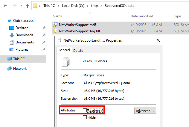 El atributo de solo lectura no está seleccionado en los archivos de base de datos
