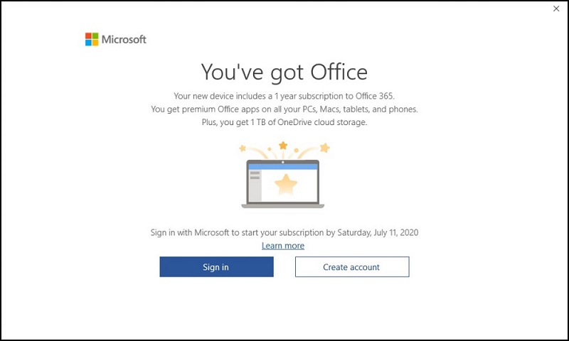 Tela de ativação do Office