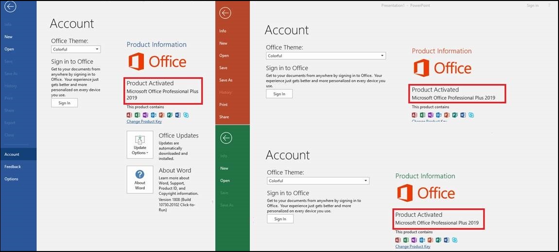 Tela da conta do programa Office