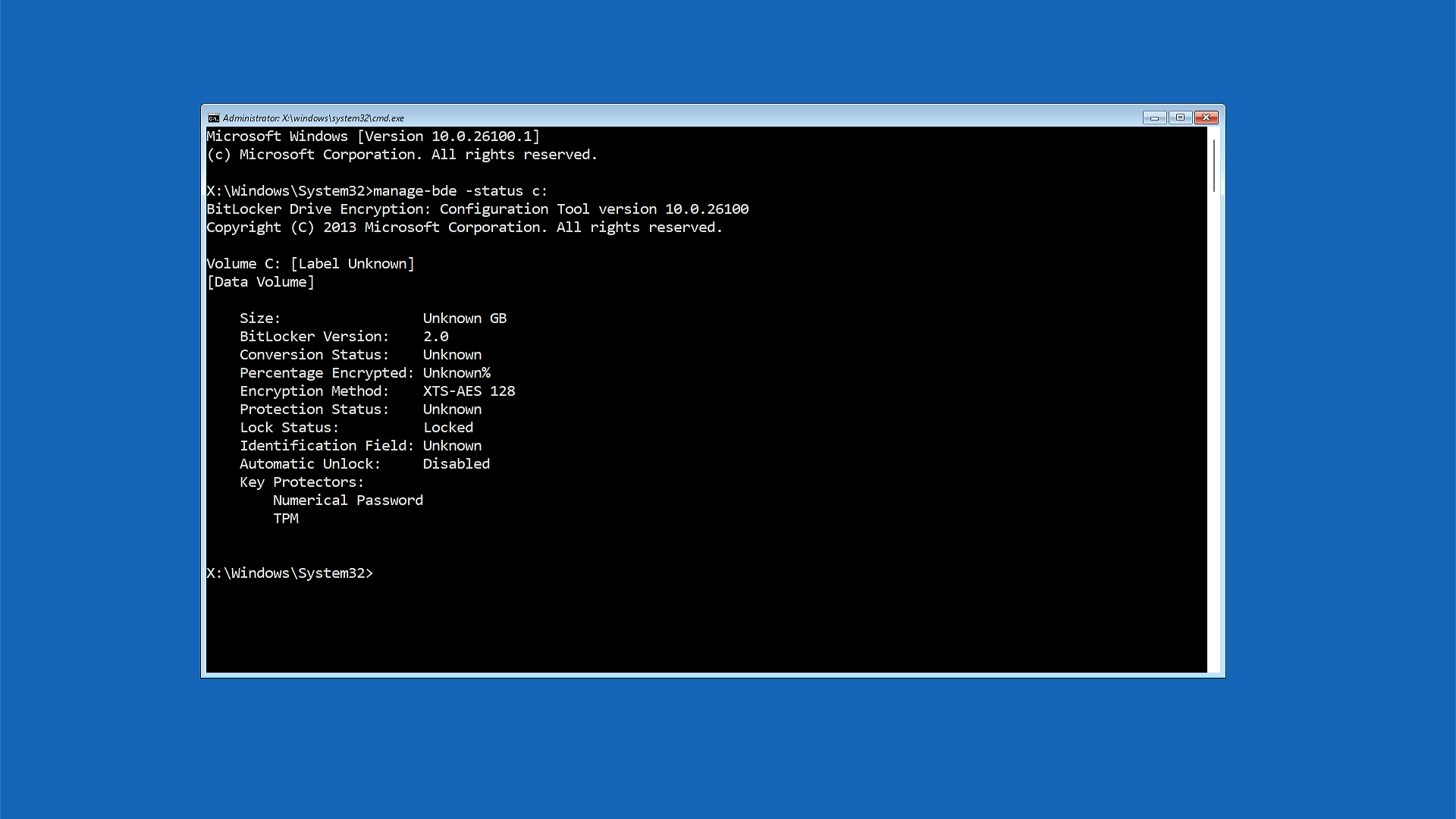 Captura de pantalla del símbolo del sistema que muestra el estado de bloqueo de BitLocker como Bloqueado