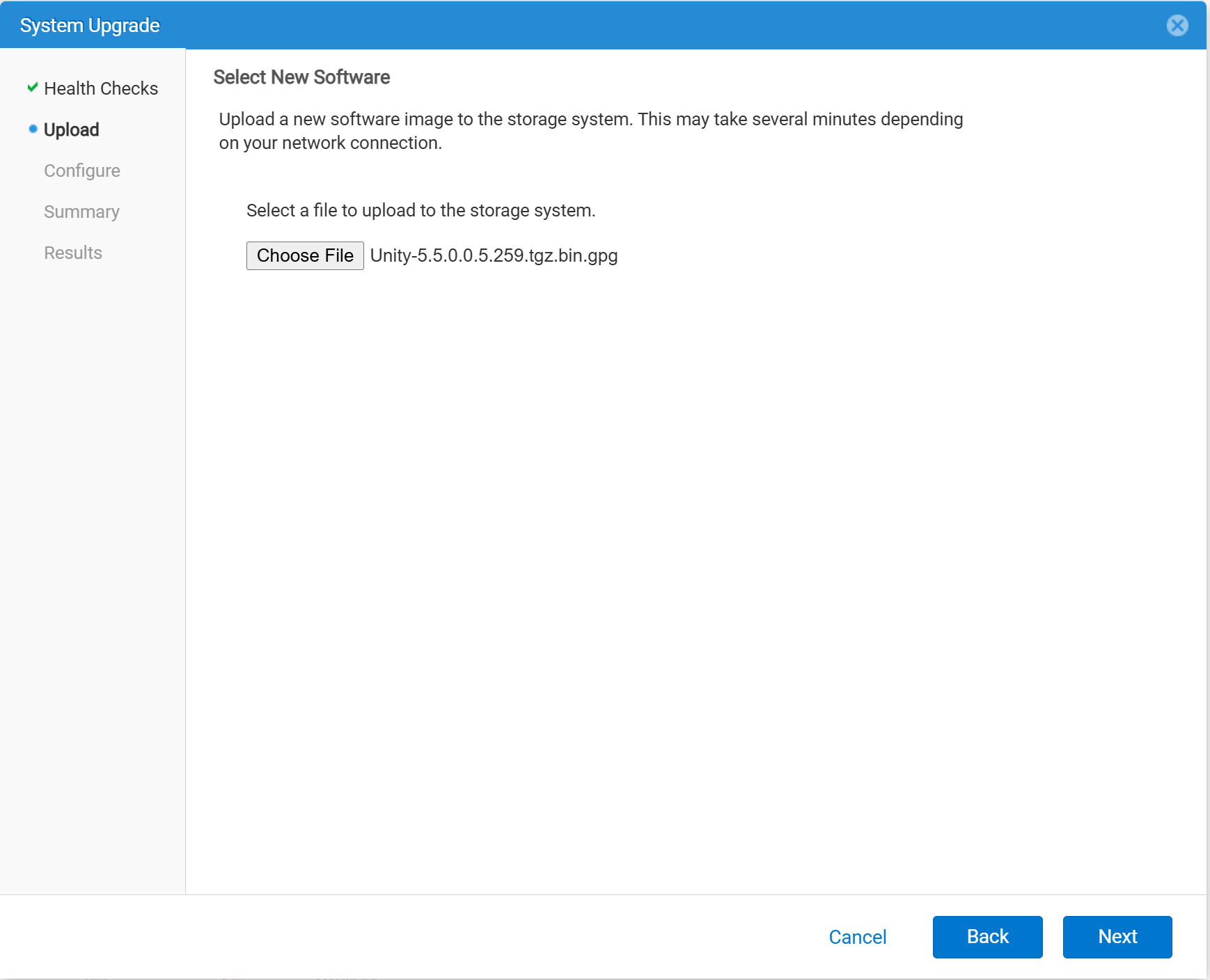 System upgrade wizard, upload page