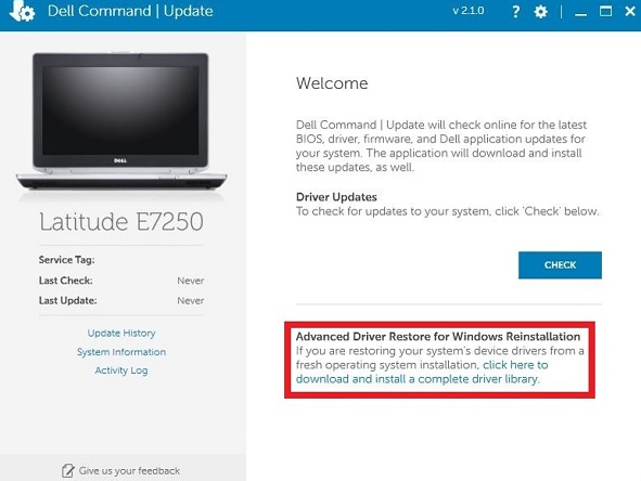 Selecting the Advanced Driver Restore option