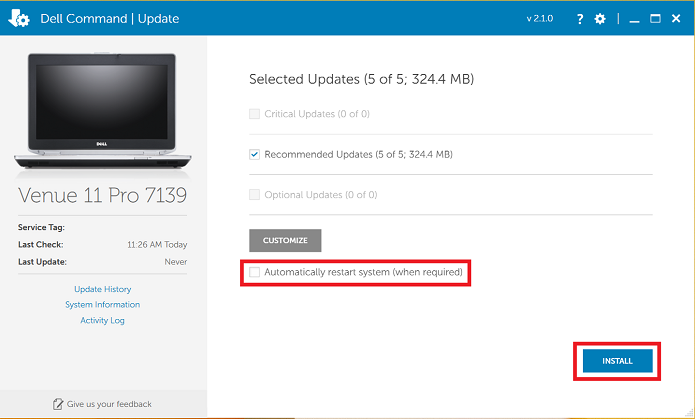 Click Install to begin installation of recommended updates