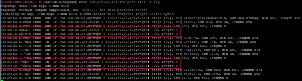 Capture d’écran de la commande TCPdump et de la sortie exécutée sur l’appliance CloudLink lorsque le port 1194 est ouvert