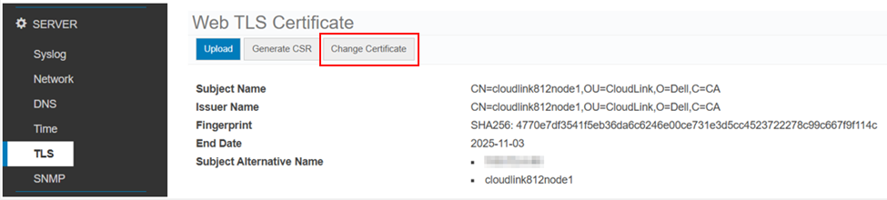 SERVER > TLS > Change Certificate