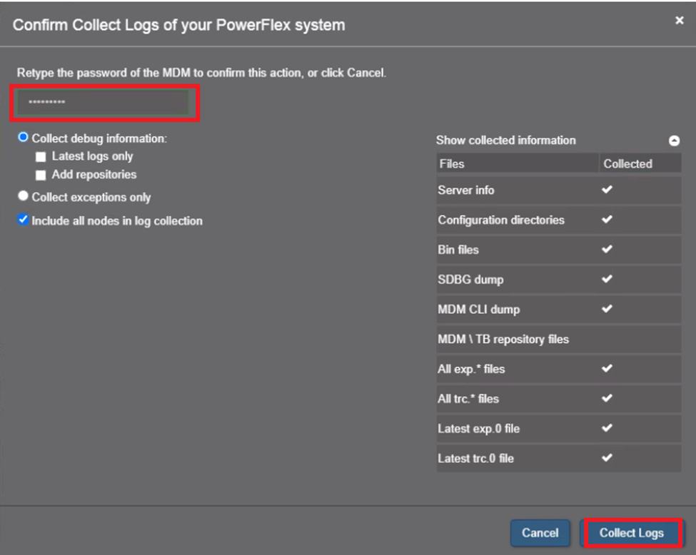 MDM-adgangskode, og klik på Indsaml logfiler.