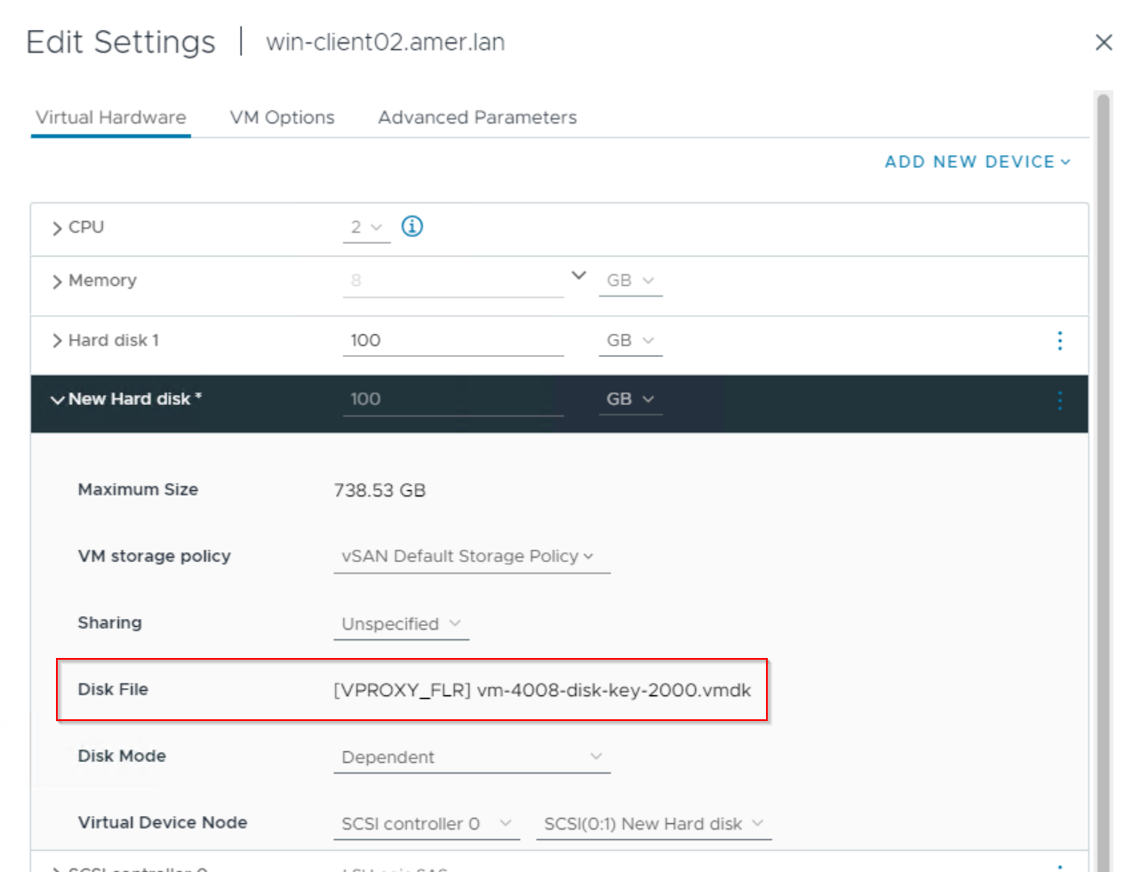 Vérification du disque nouvellement ajouté dans VMware