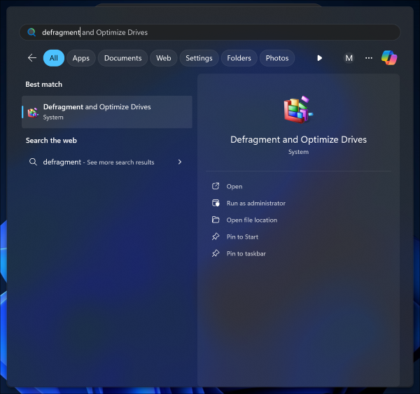Indstillingen Defragmenter og optimer drev i Windows Start-menuen