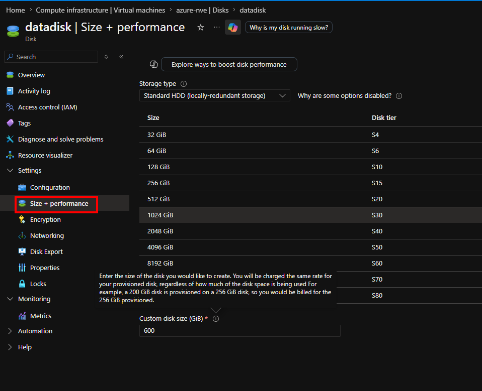 Azure 中的 Azure VM 磁盘大小