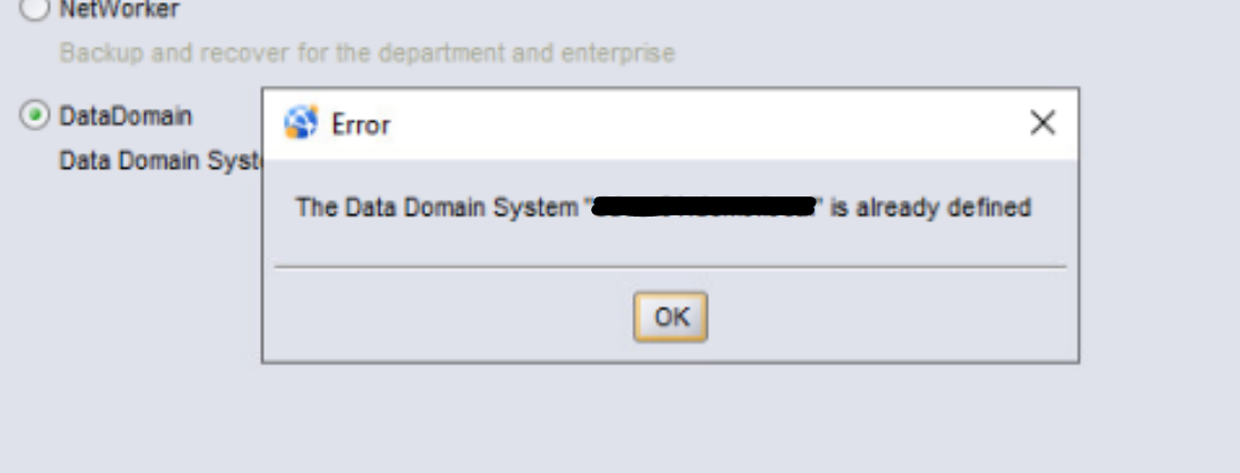 V konzoli NMC se zobrazí chyba s informací, že systém Data Domain je již definován