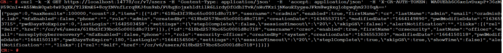 Ejemplo de llamada a la API de Cyber Recovery mediante la línea de comandos