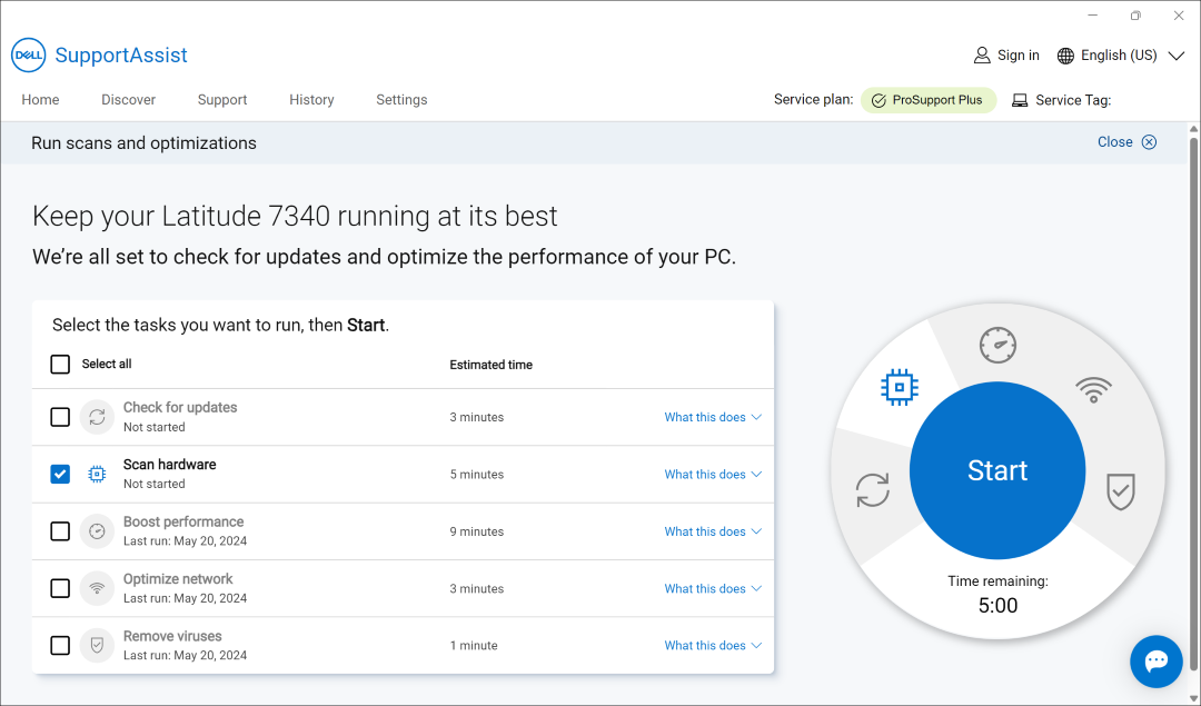 Botón Inicio para escaneo rápido en SupportAssist versión 4.0.3
