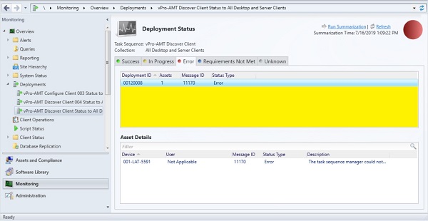 O administrador vê um Tipo de erro de status na pasta de implementações no console do SCCM.