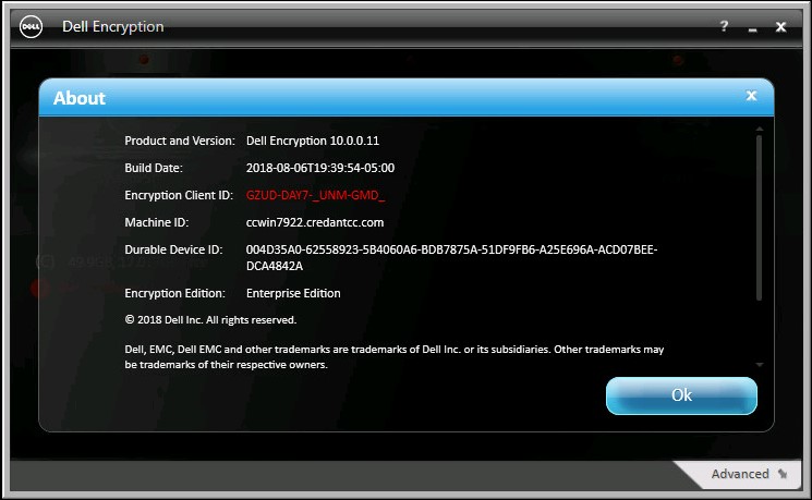 Info-Bildschirm zu Dell Encryption