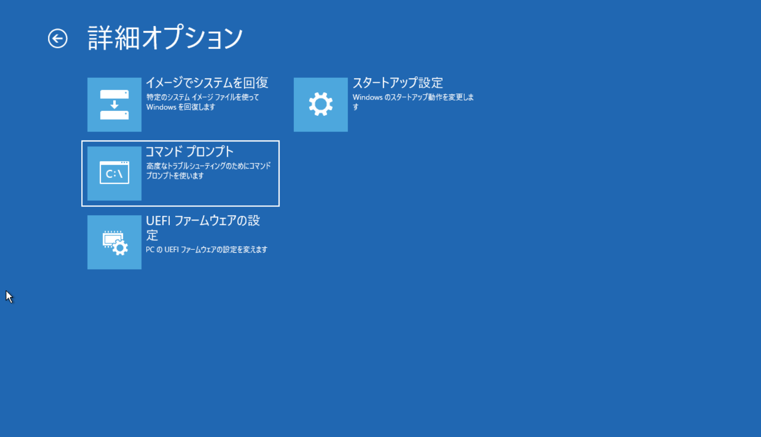 詳細オプション内コマンドプロンプトメニュー