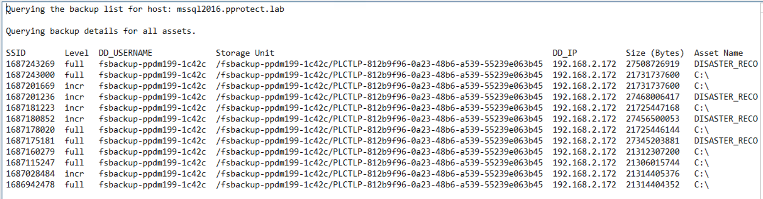 Skärmbild av resultat för kommandot ddfsadmin backup query -remote
