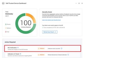 На локальной консоли Dell Trusted Device отображается ME Verification в разделе Требуется действие.