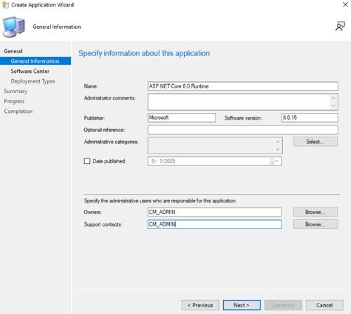 Ingrese un nombre y proporcione la información necesaria, como el editor y la versión de software, actualice el propietario de la aplicación y el contacto de soporte si es necesario y haga clic en Siguiente.