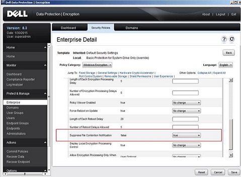 Suppress file content notification policy change screen