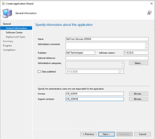 Ingrese un nombre y proporcione la información necesaria, como el editor y la versión de software, actualice el propietario de la aplicación y el contacto de soporte si es necesario y haga clic en Siguiente
