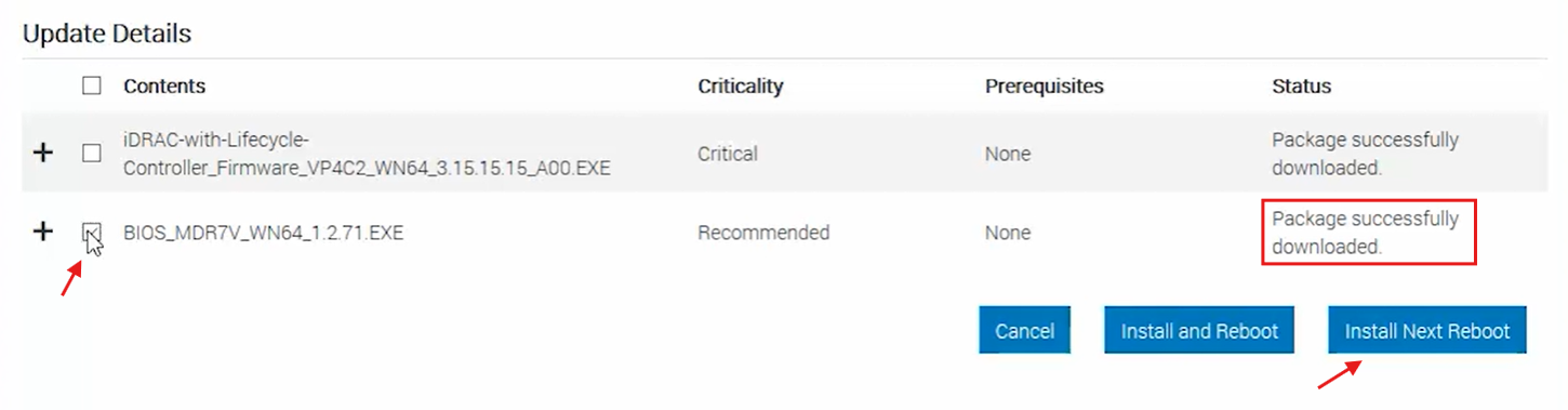 geüploade firmwarelijst, selectie van BIOS en muisaanwijzer op de knop Installeren volgende keer opnieuw opstarten om de update te installeren