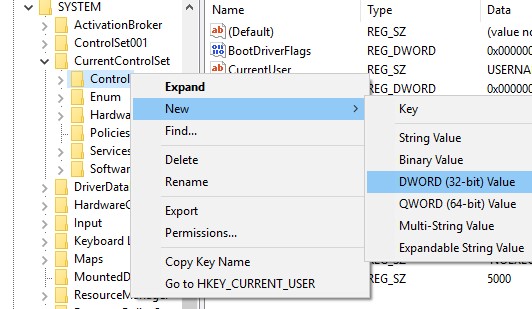 Kliknij prawym przyciskiem myszy folder Control, wybierz opcję Nowy, a następnie kliknij opcję Wartość DWORD (32-bitowa)
