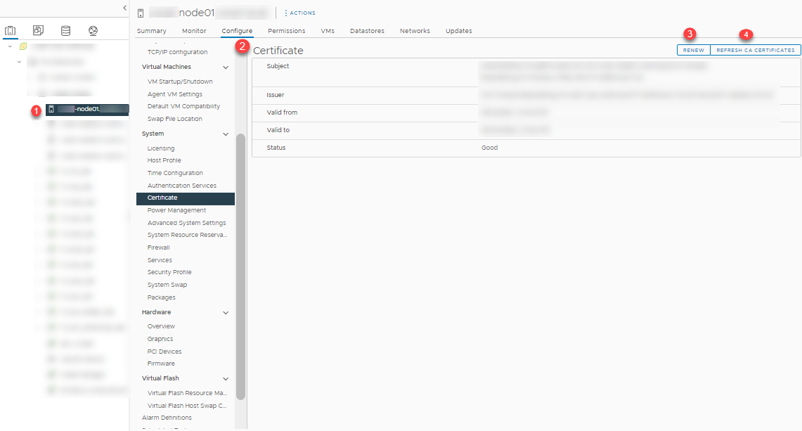 Página Configuración de certificados