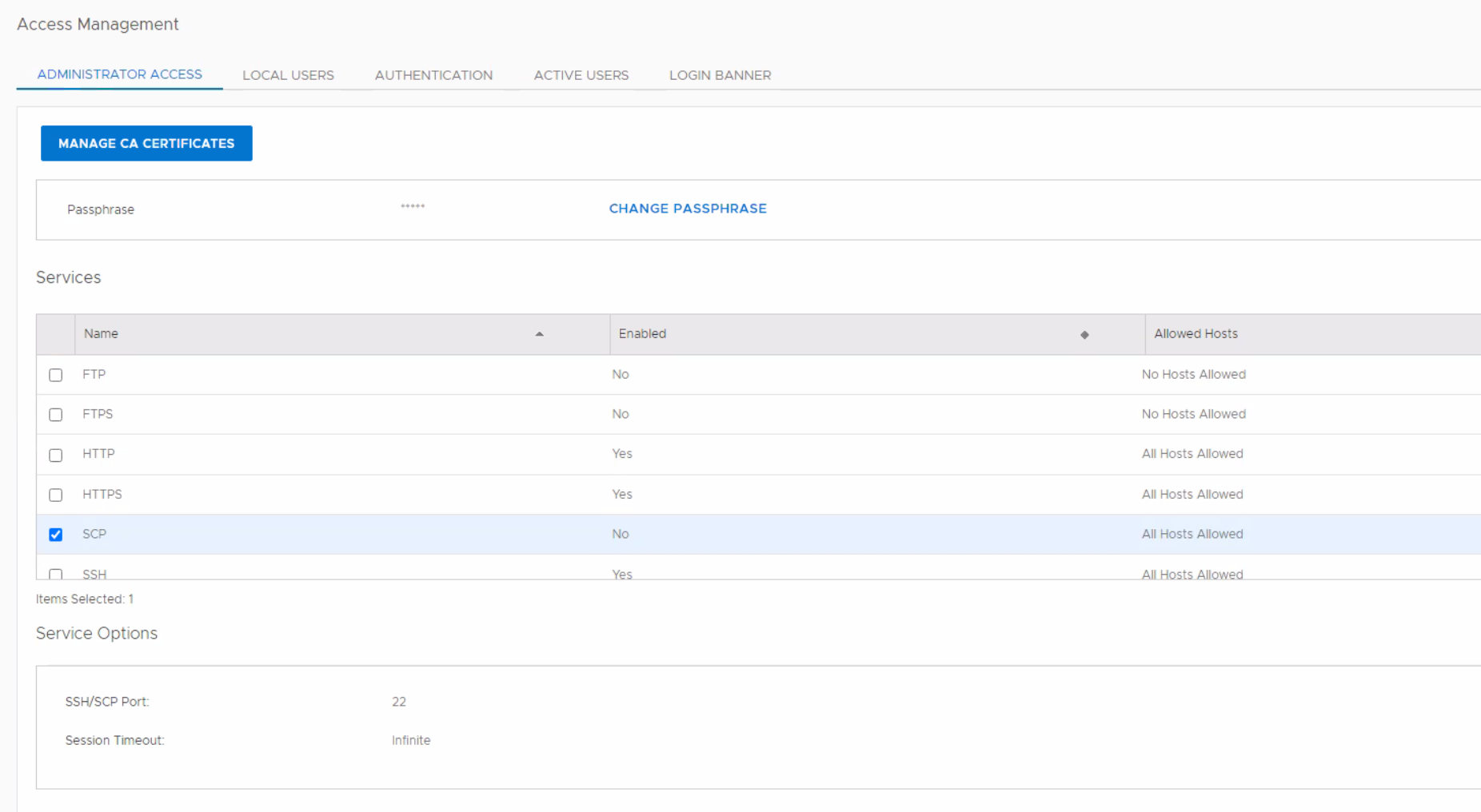 A interface do usuário do Data Domain mostra que o SCP está desativado