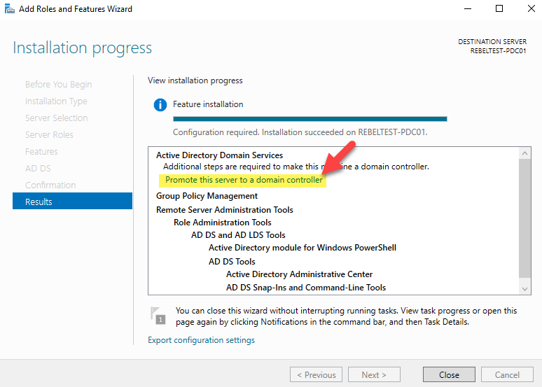 Průvodce dokončením průvodce přidáním rolí a funkcí zobrazuje možnost Promote server to domain controller