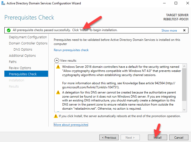 Verificación de requisitos del asistente de configuración de servicios de dominio de Active Directory Selección de Instalar