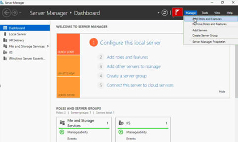 Valg av Administrer meny i Windows Server Manager