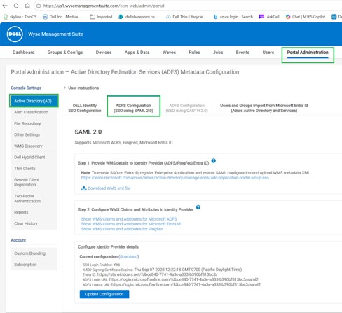 Gehen Sie zu Portalverwaltung > Active Directory > ADFS-Konfiguration