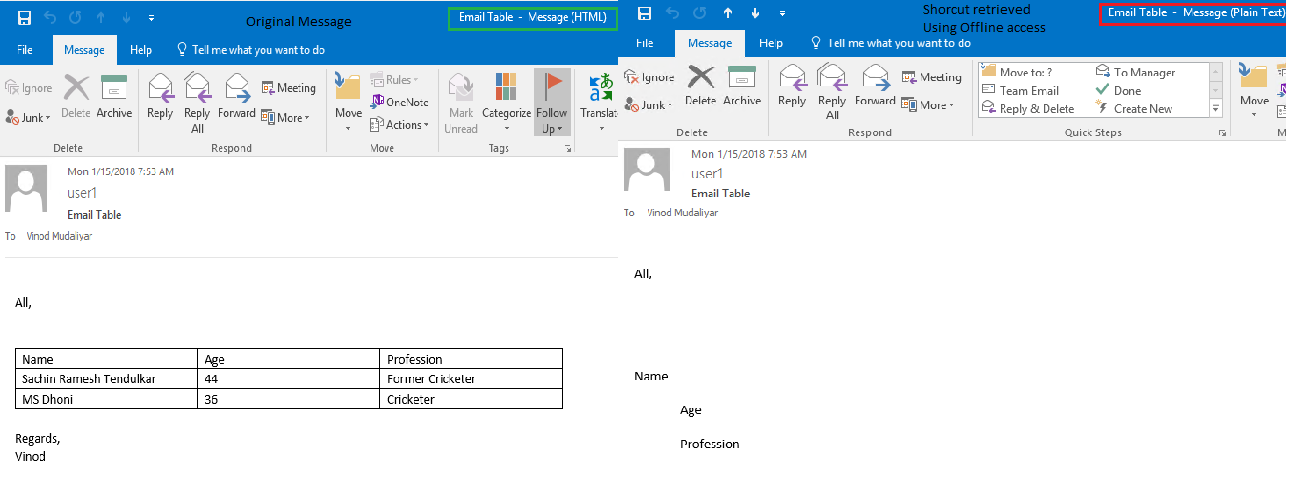 Oorspronkelijk bericht vs. snelkoppeling Bericht opgehaald met offline toegang 7.2 SP3 of 7.2 SP3 HF1 met Outlook 2016