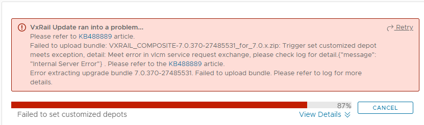 Screenshot of upgrade error