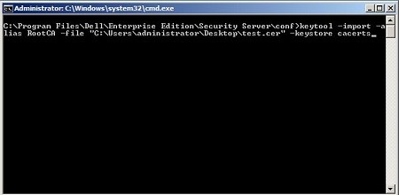 Indtastning af Keytool –import –alias RootCA –fil C:\exportedroot.cer –keystore cacerts