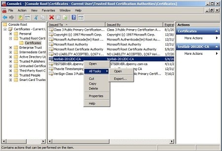 Cliccare con il pulsante destro del mouse sul certificato emesso dalla CA del dominio
