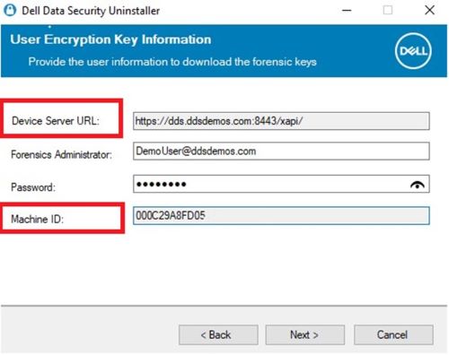 Dell Data Security 卸载程序用户加密密钥信息