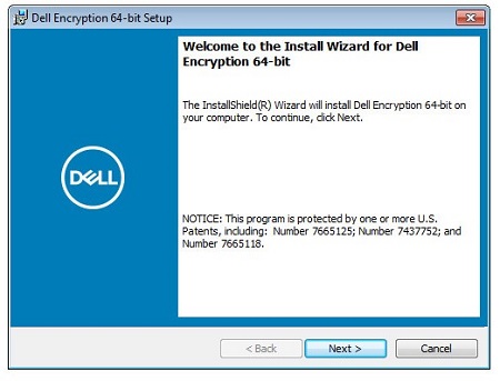 Velkomstskærmbilledet til Dell Encryption