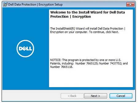 Velkomstskærmbilledet til Dell Data Protection Encryption