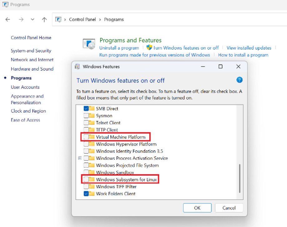 Clear the checkboxes for Virtual machine Platform and Windows Subsystem for Linux, then click OK