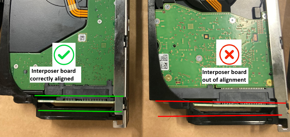 Dell part KPD98: Correctly aligned interposer board compared with incorrectly aligned interposer board