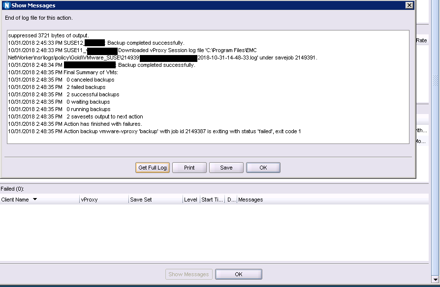 備份操作訊息顯示「X 個失敗的備份