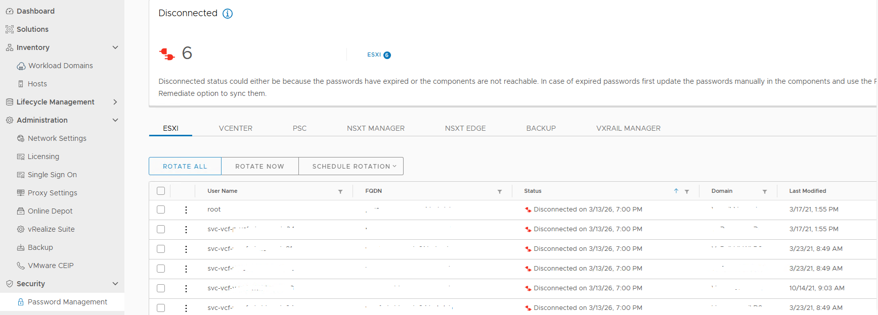 DDC Managerパスワード マネージャー、同じドメインまたはクラスター内の複数のESXiノードのアカウントが切断されています