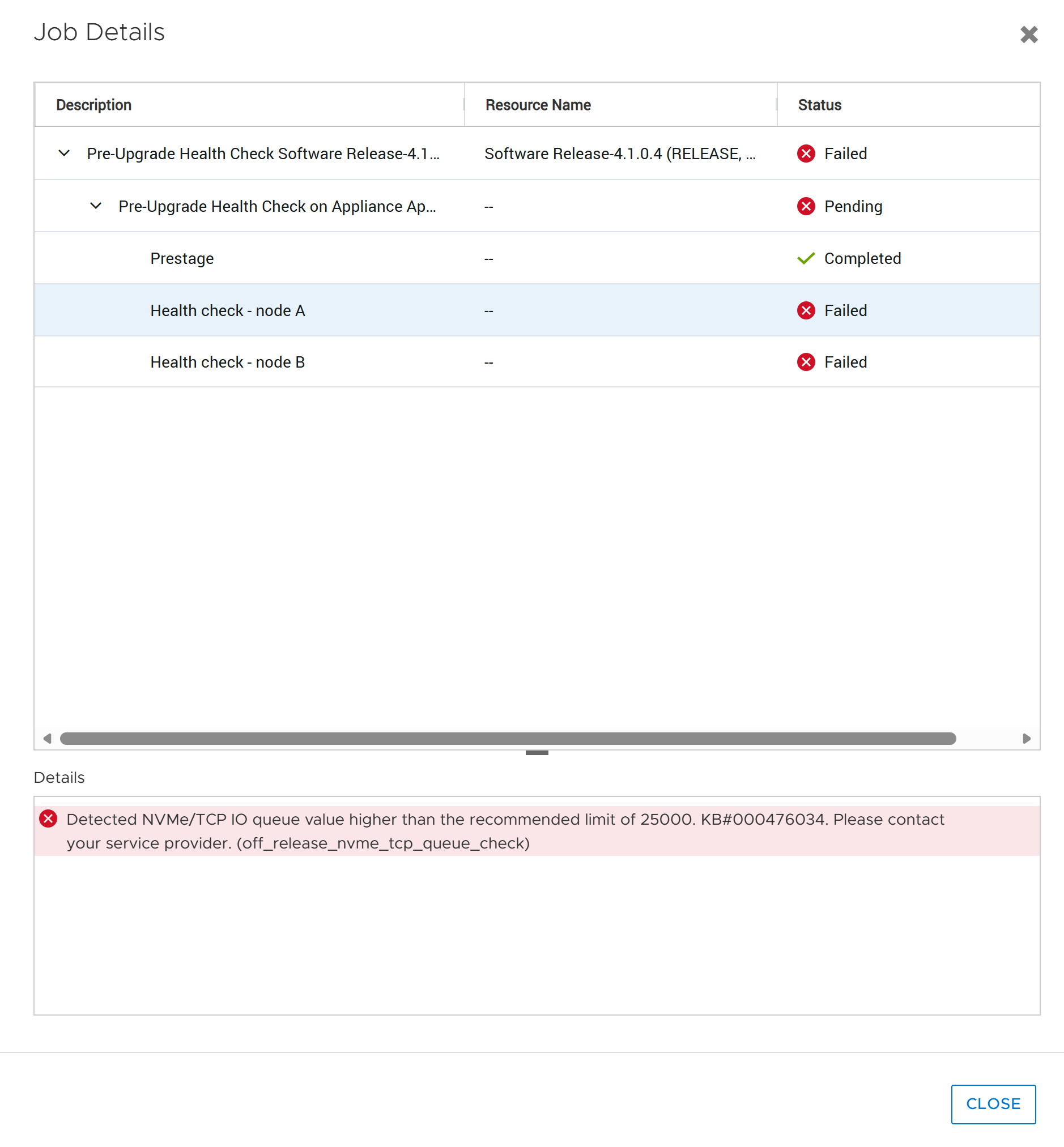 Mensaje de alerta de PUHC de PowerStore que indica qué nodo falló el off_release_nvme_tcp_queue_check